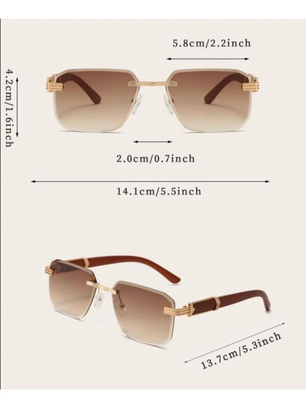 Retro Unisex Rimless Brown Tea Gradient Sunglasses W/ Gold-Tone & Wooden Arms